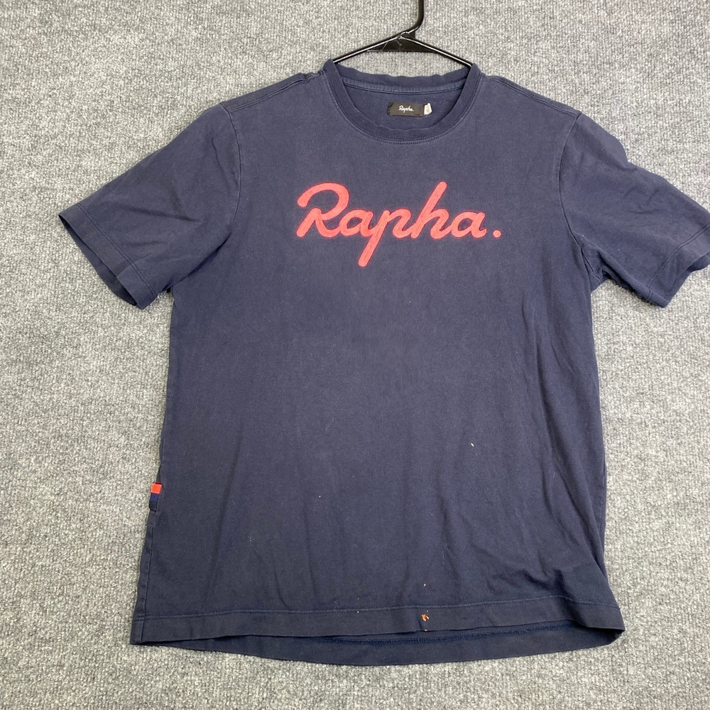 Rapha Logo T-Shirt Mens Small Navy Blue Pink Script Chain Stitch Cotton Cycling